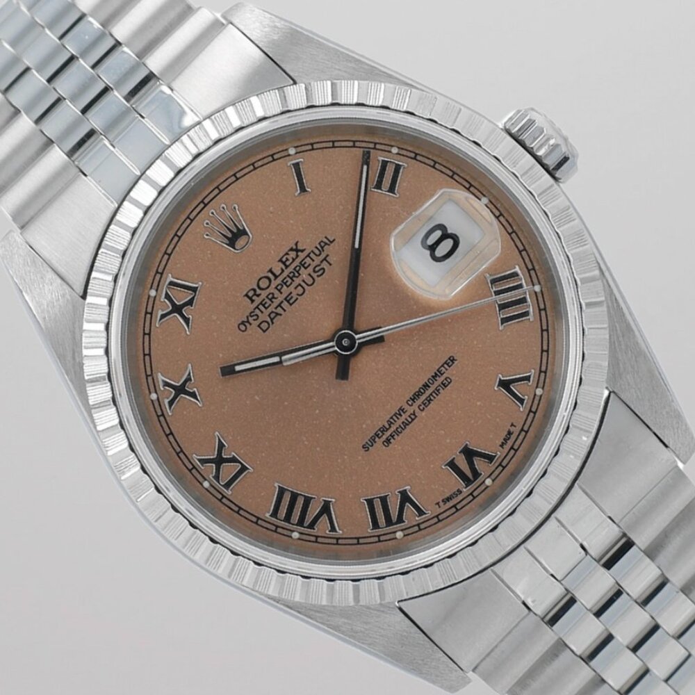 Rolex Mens Datejust 36mm Steel Salmon Roman Num Dial Engine-Turned Jubilee 16220